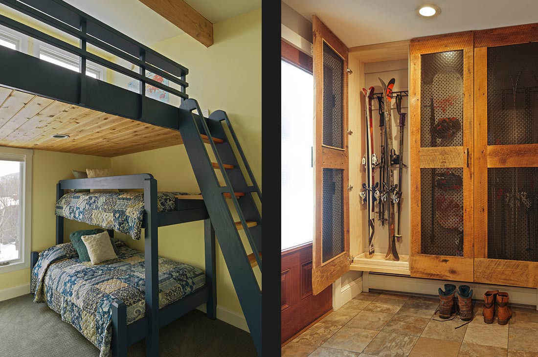 bedroom with loft and bunk beds and the interior of the closet for equiptment