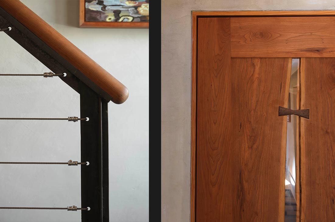 railing of staircase with wire and wood, and custom door