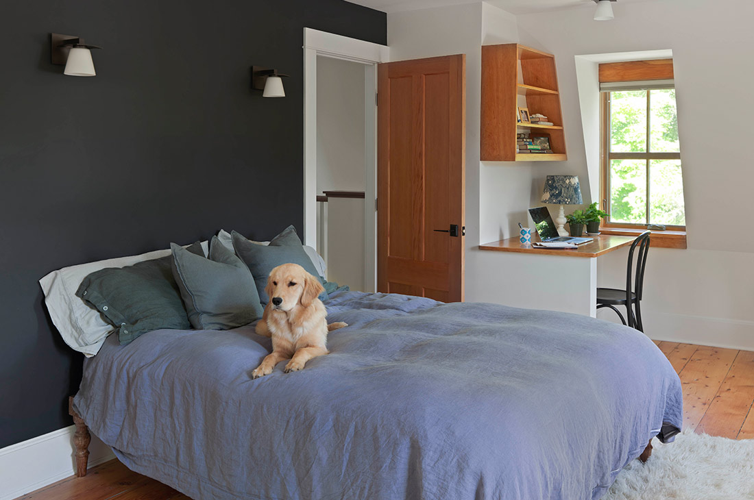 picture of a bedroom with custom shelves and dark walls