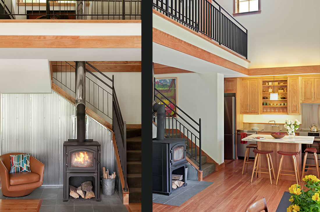 picture of the interior kitchen and small woodstove and staircase