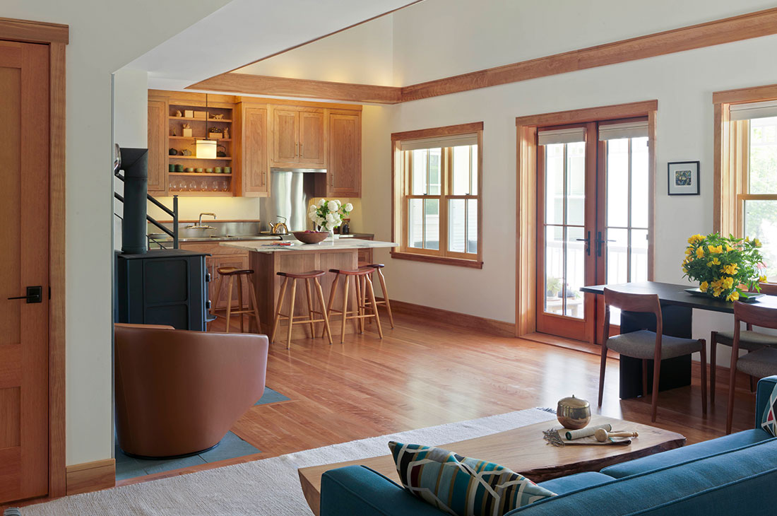 picture of the living room and kitchen with french doors