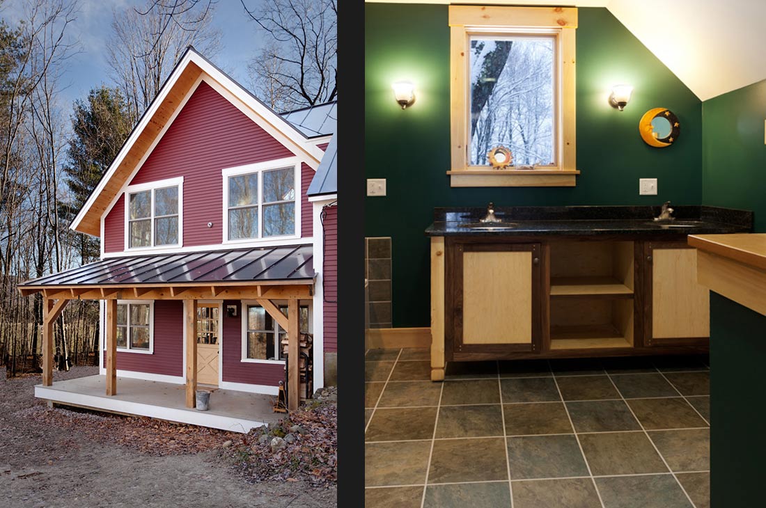 the outside of the red home, and a green bathroom