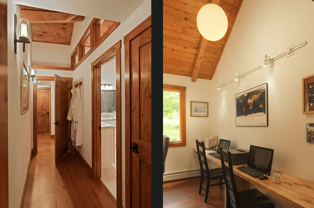 hallway with wooden doors and office space with high ceilings