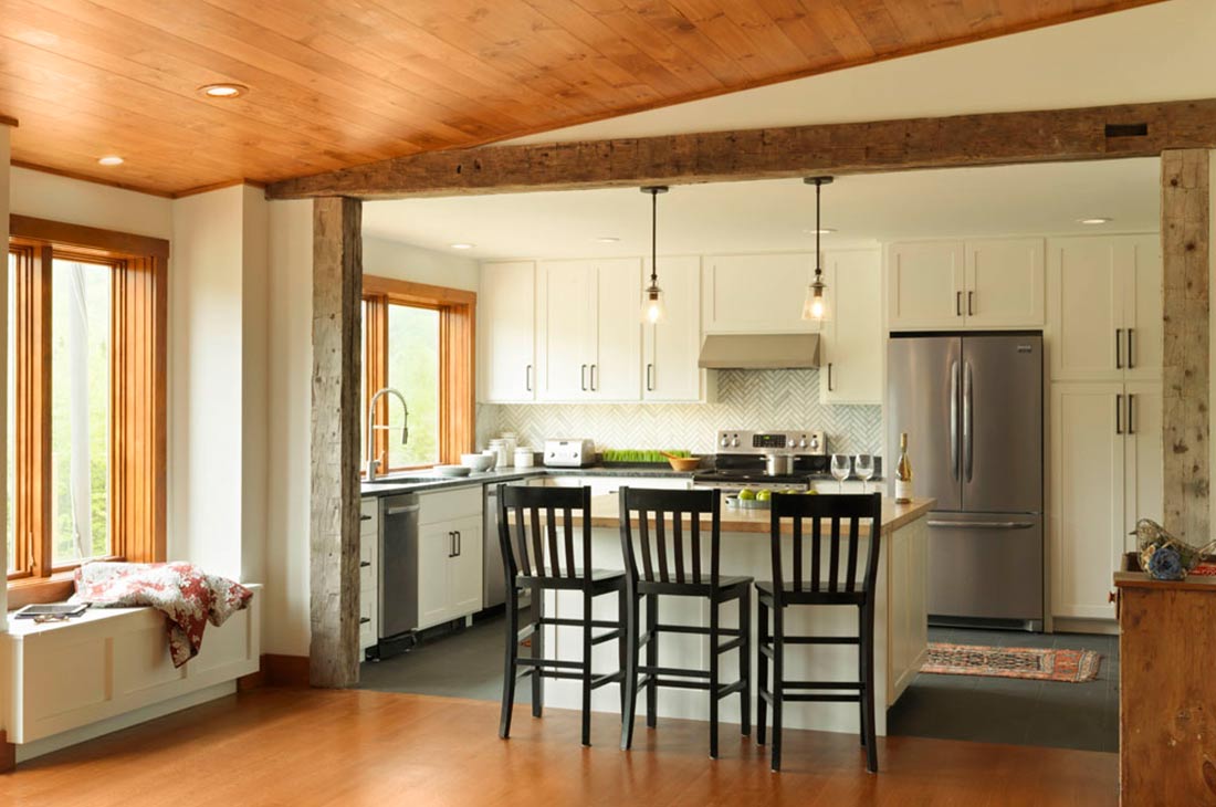 kitchen area with wooden ceiling