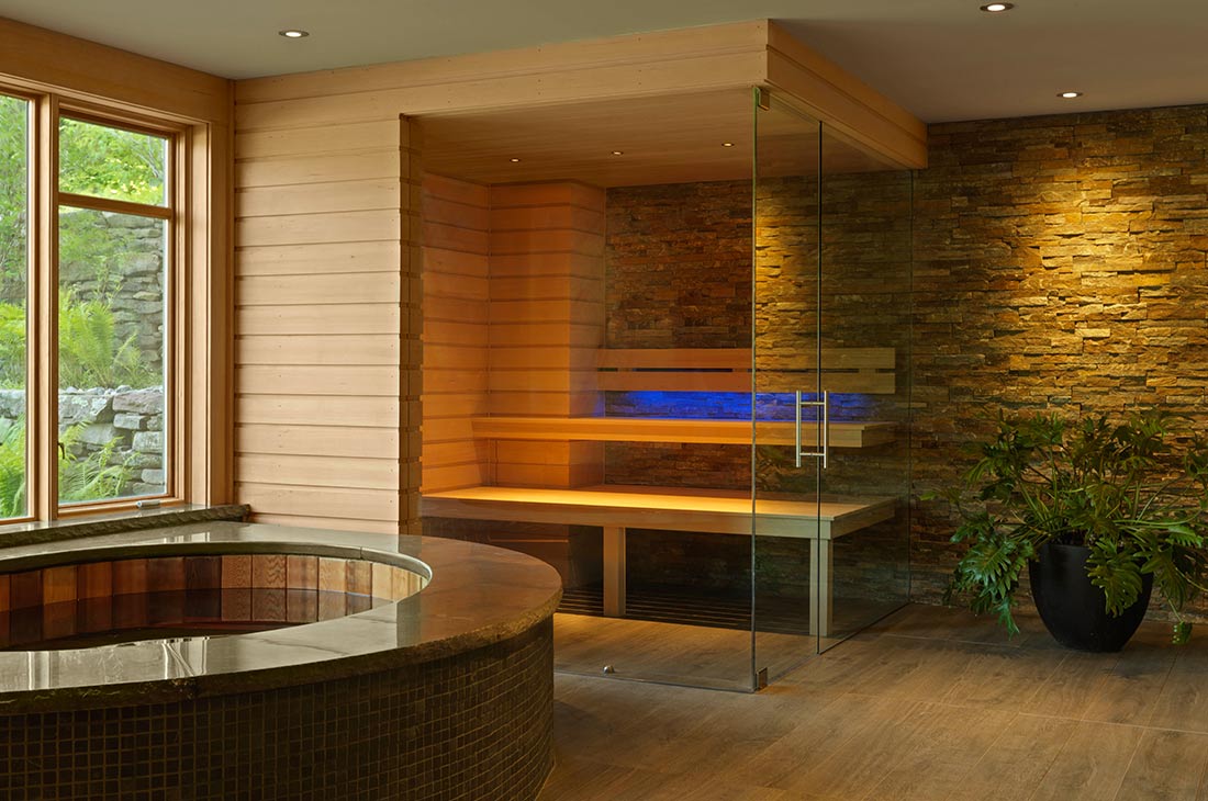 sauna with glass doors
