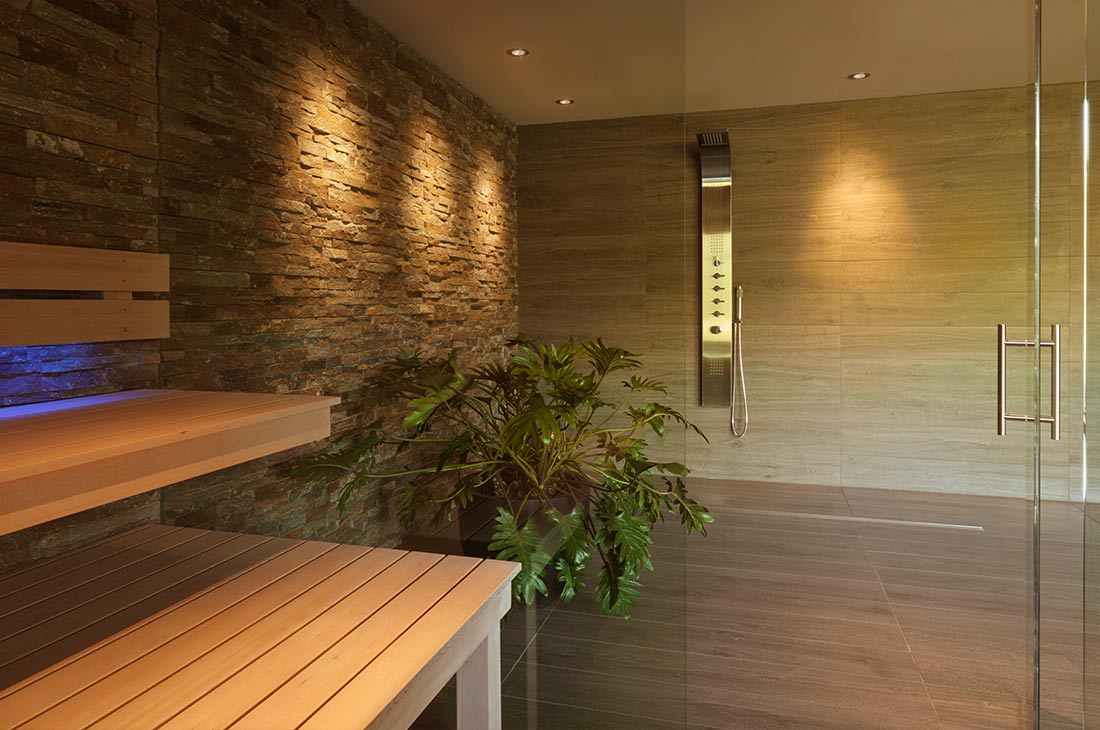 a look to the shower from inside the glass sauna