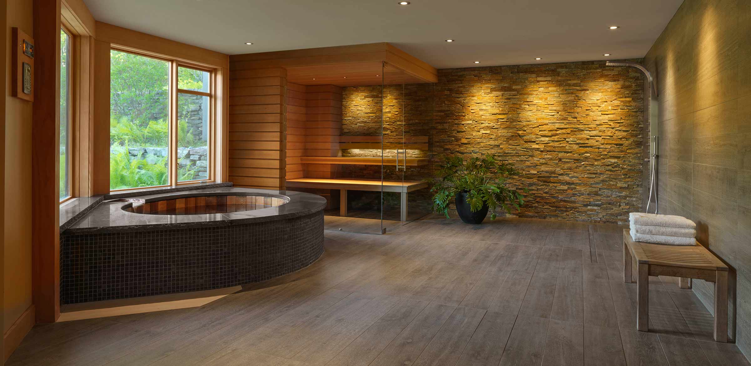 large spa with bathroom and sauna