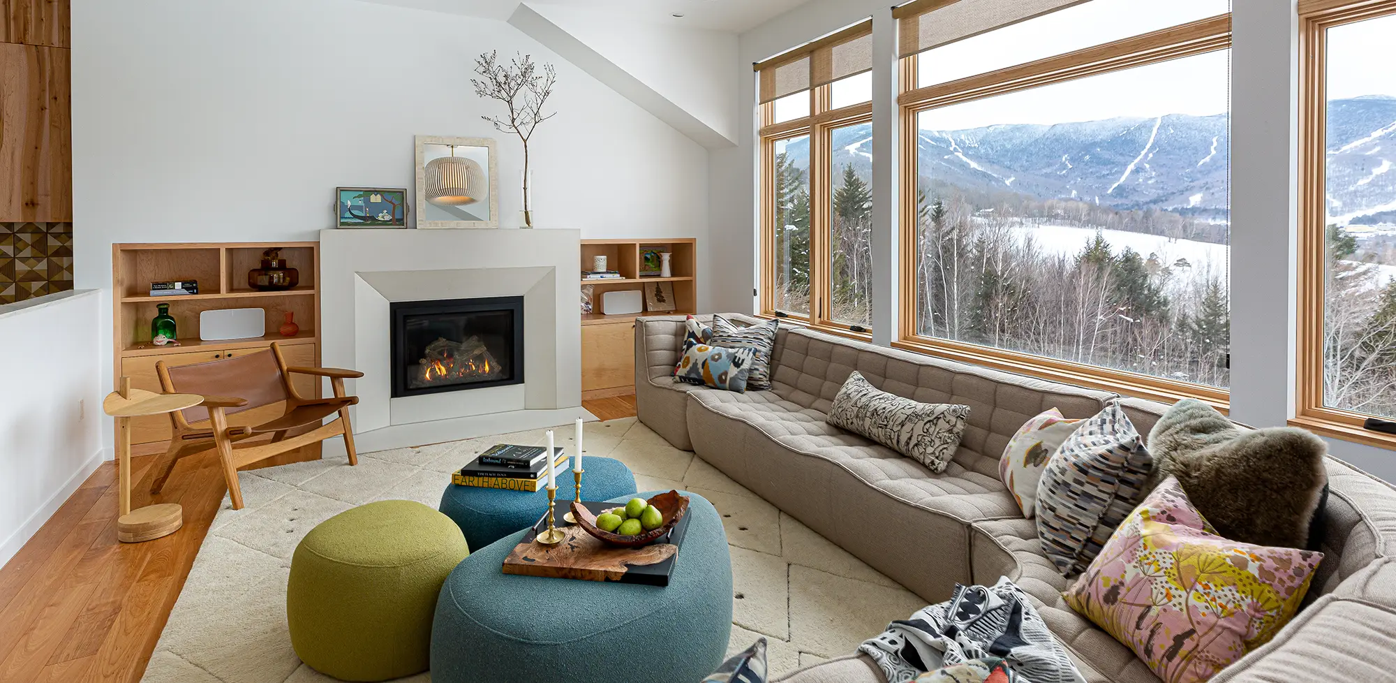 Inside view of cozy townhouse with view of ski resort through window