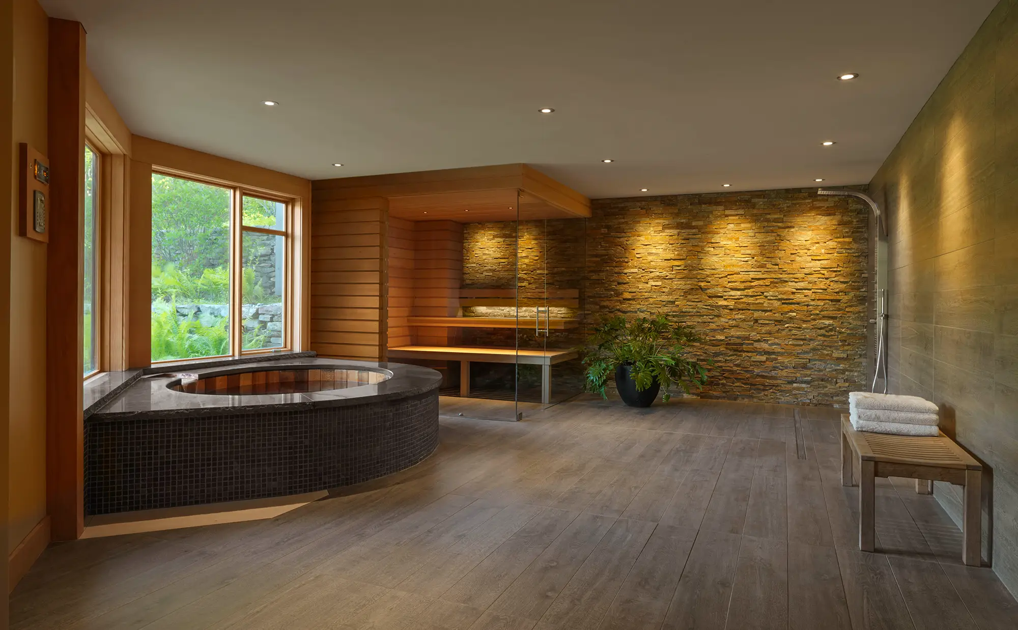 large spa with bathroom and sauna